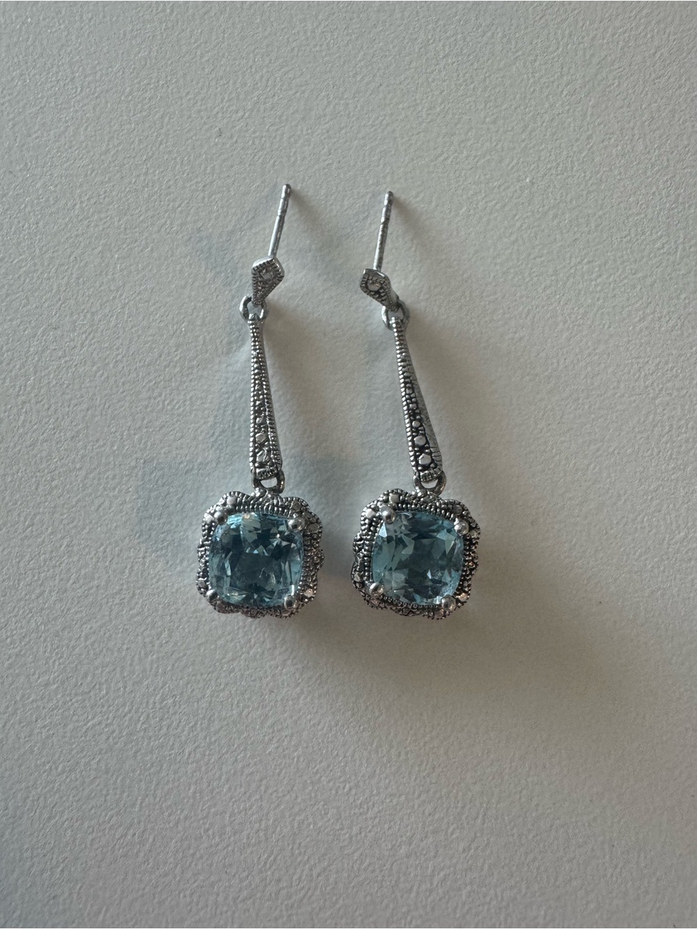 Silver Drop Earrings with Light Blue Cushion Gemstones